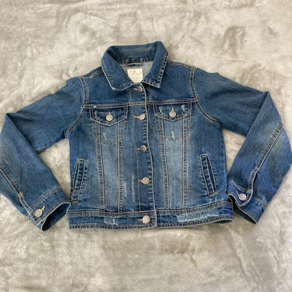 Est 1989 Place Blue Stone Washed Distressed Jean Denim Button Up Jacket L 10/12 - Picture 1 of 10